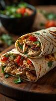 Grilled chicken wraps filled with fresh vegetables served on a wooden board photo