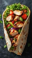 Delicious grilled chicken wrap filled with fresh vegetables and greens prepared on a dark stone surface photo