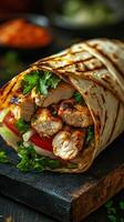 Grilled chicken wrap with fresh vegetables on a wooden cutting board in a rustic setting photo