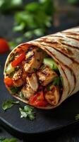 Grilled chicken wrap filled with fresh vegetables and herbs served on a dark plate in a cozy setting photo