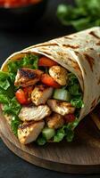 Delicious grilled chicken wrap with fresh vegetables served on a wooden cutting board photo