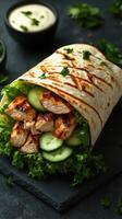 Grilled chicken wrap with fresh vegetables and herbs prepared for a healthy meal photo