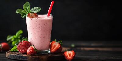 Strawberry smoothie served with fresh berries and mint on a wooden table in a cozy setting photo