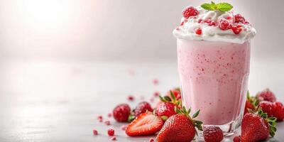 Delicious raspberry shake topped with whipped cream and fresh strawberries arranged on a table photo
