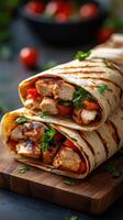 Delicious grilled chicken wraps with fresh vegetables served on a wooden board photo