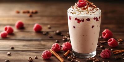 Creamy raspberry beverage garnished with coffee beans and cinnamon sticks on a wooden surface photo