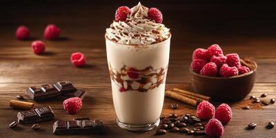 Refreshing dessert drink with whipped cream, chocolate, raspberries, and coffee beans displayed on a rustic wooden table photo