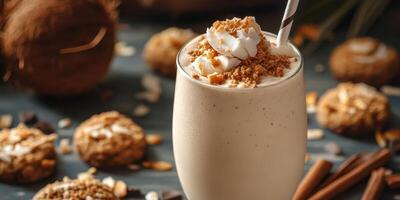 Creamy coconut milkshake topped with whipped cream and cookie crumbles in a cozy dessert setting photo