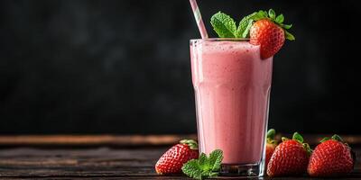 Refreshing strawberry smoothie served in a glass with fresh fruits and mint leaves on a rustic wooden table photo