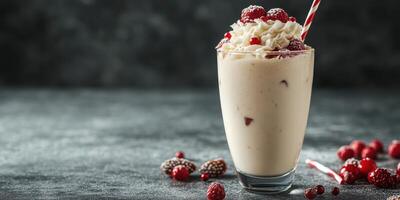 Creamy raspberry milkshake with whipped cream and fresh berries in a glass on a textured surface photo