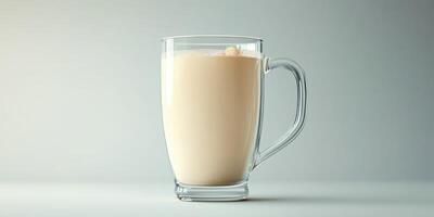 Delicious creamy latte served in a clear glass mug with a smooth frothy top on a light background photo