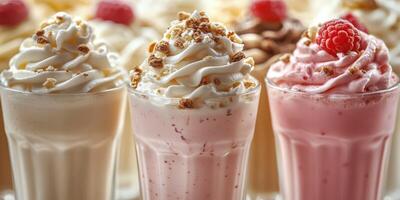 Delicious milkshakes with whipped cream and toppings enjoyed at a dessert cafe during a sunny afternoon photo