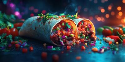 Delicious burritos filled with fresh vegetables, savory meat, and aromatic herbs in a vibrant setting photo