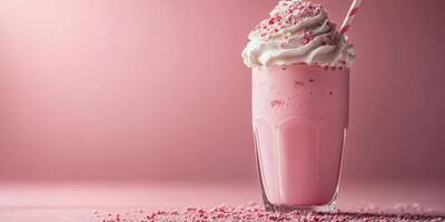 Delicious pink milkshake topped with whipped cream and sprinkles against a pastel background photo