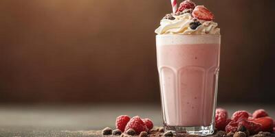 Creamy raspberry milkshake topped with whipped cream and fresh berries in a glass served on a wooden table photo