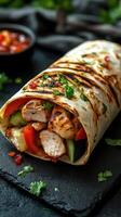 Gourmet chicken wrap filled with grilled vegetables on a black slate background photo