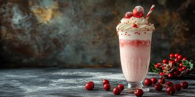 Holiday-themed milkshake served in a tall glass with festive toppings and decorations on a dark textured background photo