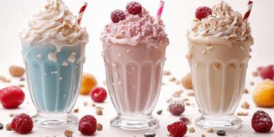 Colorful milkshakes topped with whipped cream and raspberries enjoy vibrant display on a summer day photo