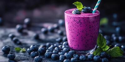 Refreshing blueberry smoothie with mint and berries arranged artistically on a dark background photo