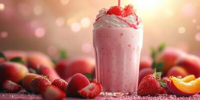 Refreshing strawberry milkshake with cream and fresh strawberries on a sunny afternoon photo