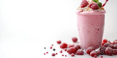 Refreshing raspberry milkshake served in a glass with toppings and fresh berries on a white background photo