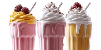 Three colorful milkshakes topped with whipped cream and fruit in a bright setting photo