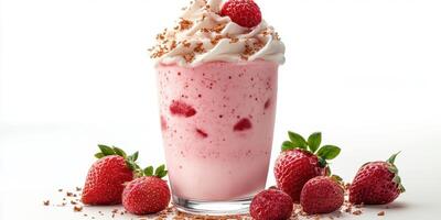 Enjoying a refreshing strawberry milkshake topped with whipped cream and raspberries on a bright background photo
