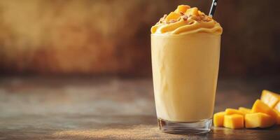 Creamy mango smoothie topped with nuts served in a glass on a wooden table photo