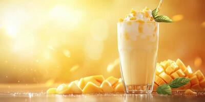 Refreshing mango smoothie served in a glass with fresh mango pieces on a wooden table illuminated by warm light photo