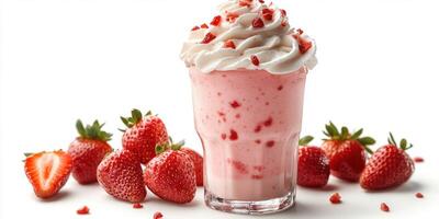 Delicious strawberry milkshake topped with whipped cream and surrounded by fresh strawberries photo