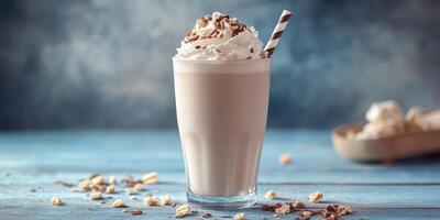 Delicious creamy milkshake served with whipped cream and chocolate shavings on a rustic blue table photo
