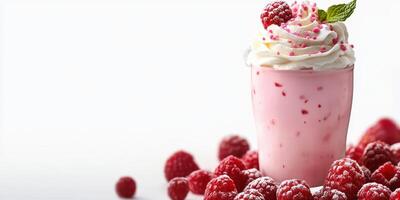 Creamy raspberry beverage topped with whipped cream and berries on a white background photo