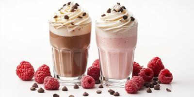 Creamy chocolate and raspberry milkshakes with whipped topping and chocolate chips photo