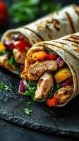 Grilled chicken wraps filled with colorful vegetables served on a black slate platter photo