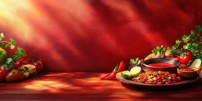 Fresh ingredients and vibrant colors create a lively salsa preparation scene in a rustic kitchen photo