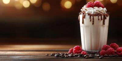 Delicious dessert drink topped with whipped cream and fresh raspberries in a cozy setting photo