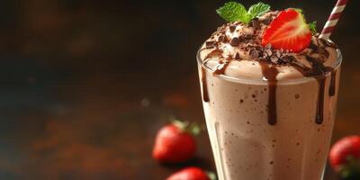 Delicious chocolate milkshake topped with whipped cream and strawberries served in a tall glass photo