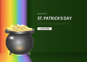 Horizontal background Happy St Patricks day with cauldron, golden coins, rainbow on dark green background. illustration for website vector