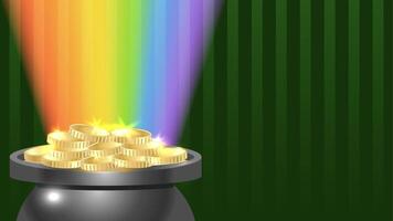 Horizontal background Happy Saint Patricks day with pot, coins, rainbow on striped green background. illustration with copy space vector