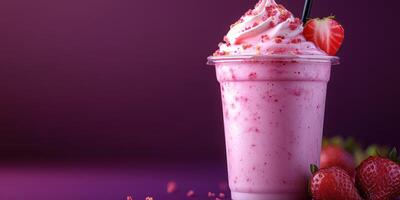 Refreshing strawberry shake topped with whipped cream and strawberry pieces served in a clear cup photo