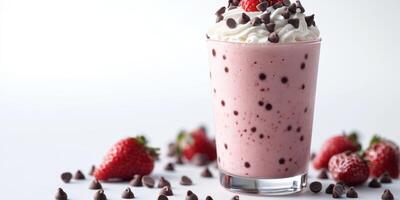 Creamy strawberry milkshake topped with whipped cream and chocolate chips beside fresh strawberries photo