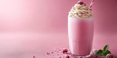 Refreshing raspberry milkshake topped with whipped cream and garnished with fresh raspberries in a pastel setting photo