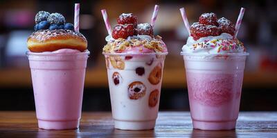 Colorful dessert drinks with toppings served in transparent cups at a cafe photo