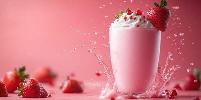 Delicious strawberry milkshake with whipped cream and fresh strawberries on a pink background photo