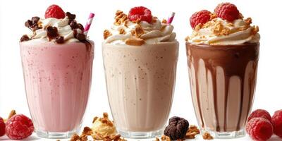 Delightful milkshakes in three flavors topped with whipped cream and fresh raspberries at a summer gathering photo