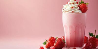 Creamy strawberry milkshake topped with whipped cream and fresh strawberries on a pink background photo