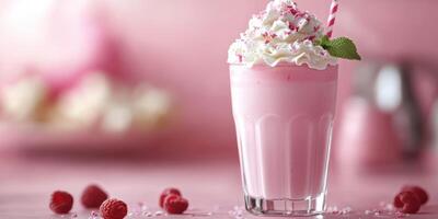 Refreshing pink drink topped with whipped cream and mint served in a glass photo