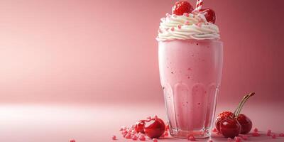 Delicious strawberry milkshake topped with whipped cream and cherries against a soft pink background photo
