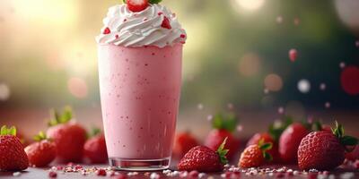 Delicious strawberry milkshake topped with whipped cream and fresh strawberries in a vibrant setting photo