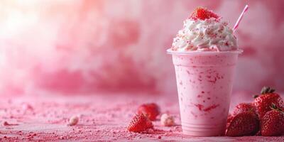 Refreshing strawberry milkshake topped with whipped cream and strawberries in a vibrant pink setting photo